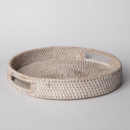 Round Rattan Tray — Decorative White Woven Tray