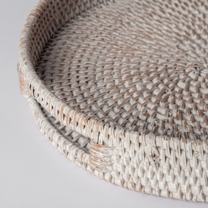 Round Rattan Tray — Decorative White Woven Tray