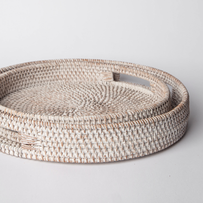 Round Rattan Tray — Decorative White Woven Tray