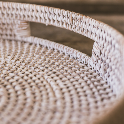 Round Rattan Tray — Decorative White Woven Tray