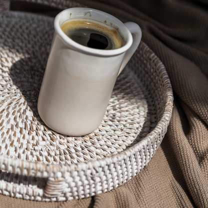 Round Rattan Tray — Decorative White Woven Tray