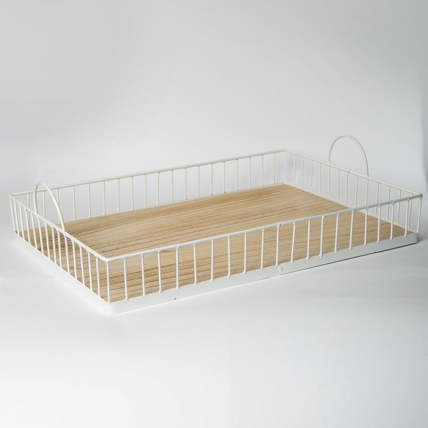 Rectangular Metal & Wood Decorative Tray — Rustic White Accent for Home