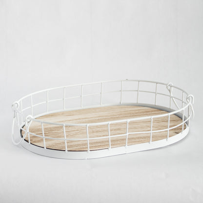 Oval Metal & Wood Decorative Tray — Rustic White Accent Tray for Home