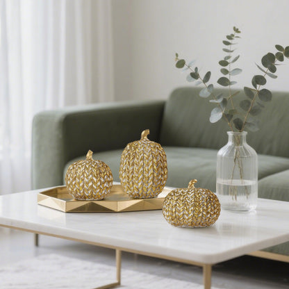Set of 3 Gold White Resin Pumpkins Woven Design