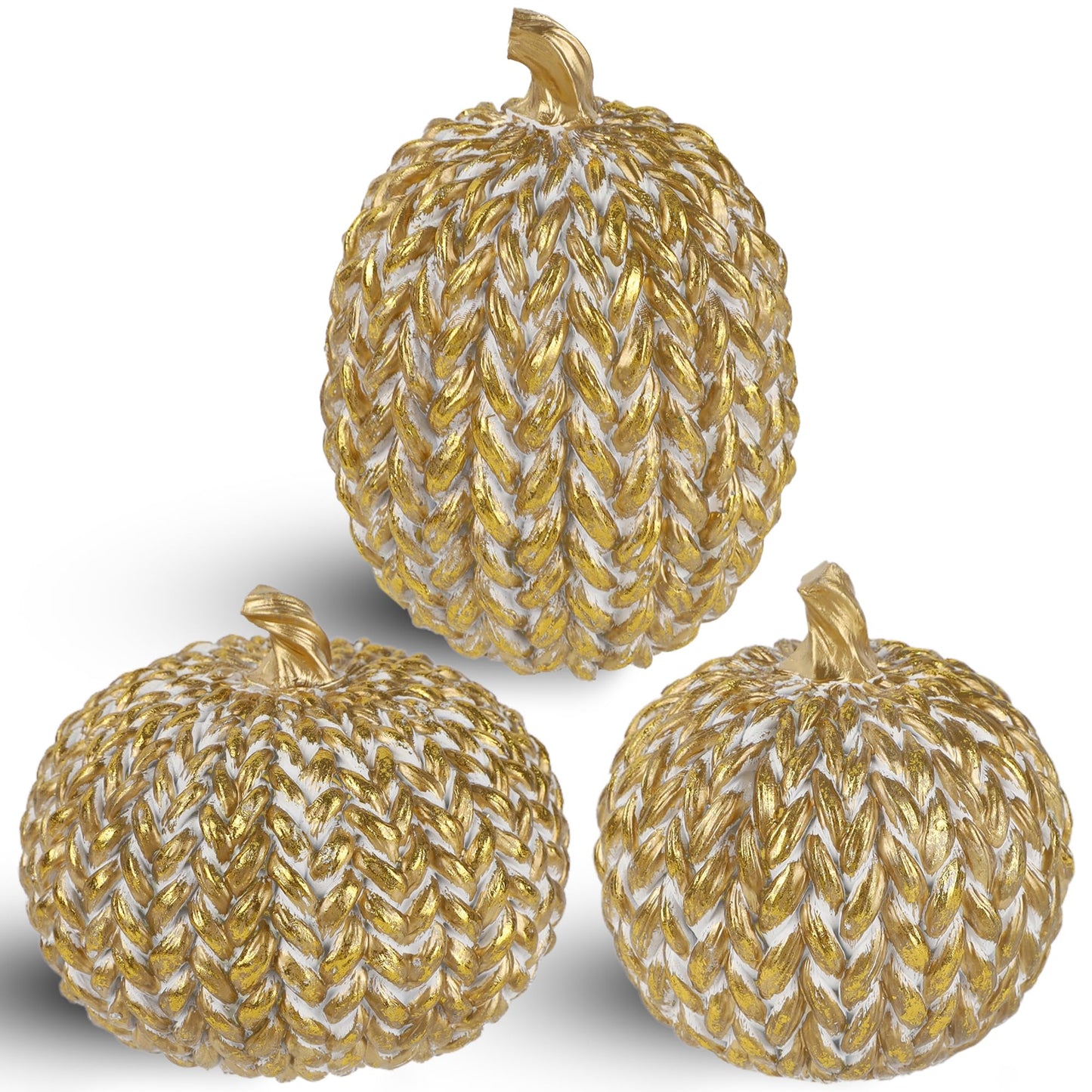 Set of 3 Gold White Resin Pumpkins Woven Design