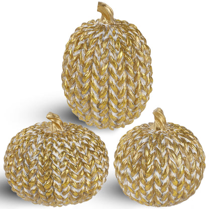 Set of 3 Gold White Resin Pumpkins Woven Design