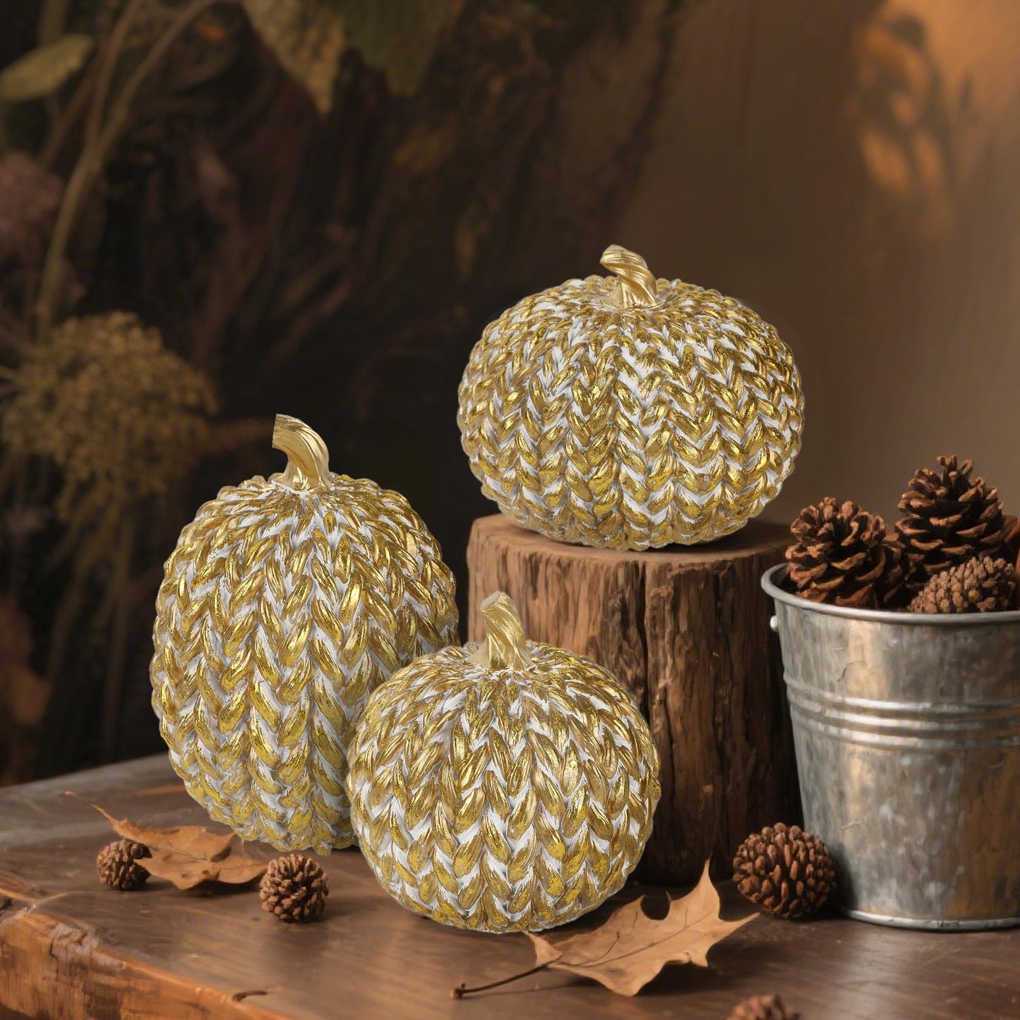Set of 3 Gold White Resin Pumpkins Woven Design