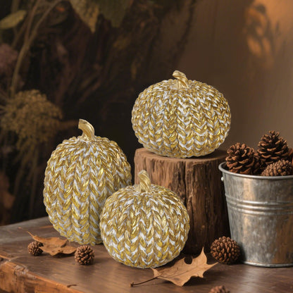 Set of 3 Gold White Resin Pumpkins Woven Design
