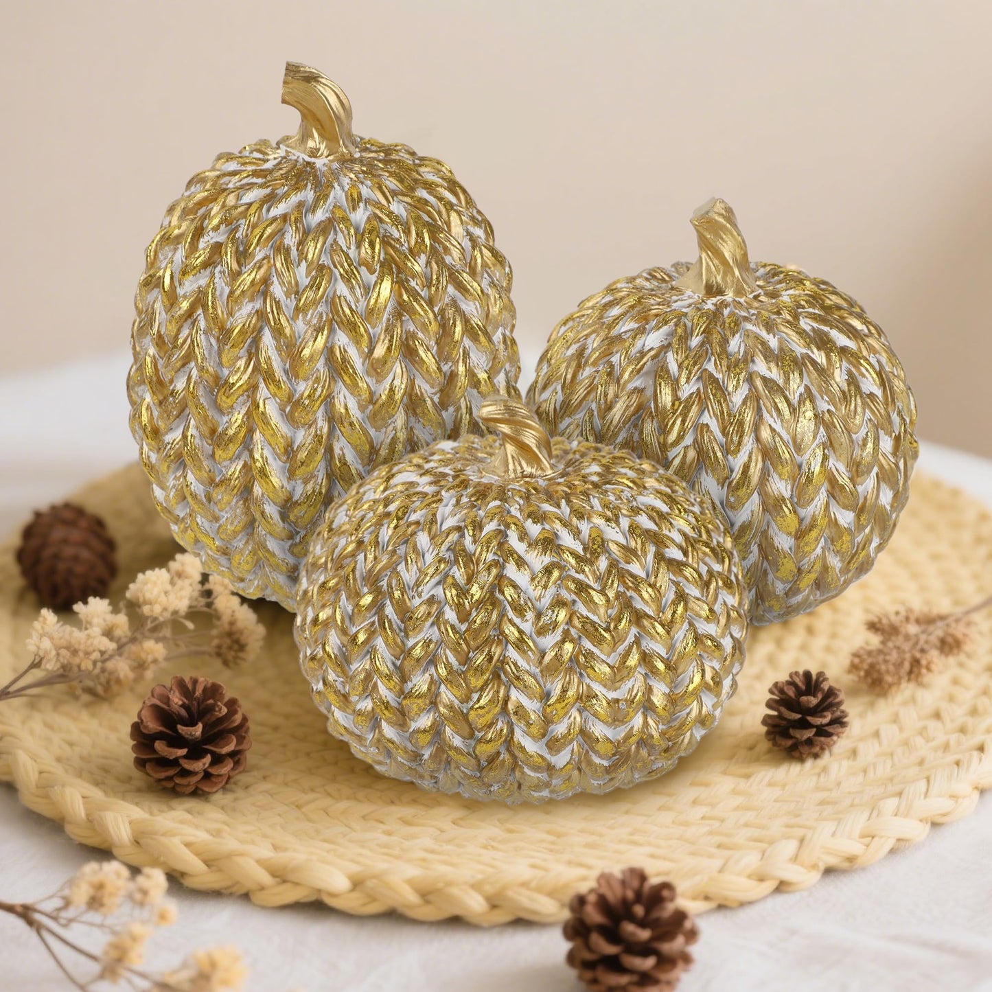 Set of 3 Gold White Resin Pumpkins Woven Design