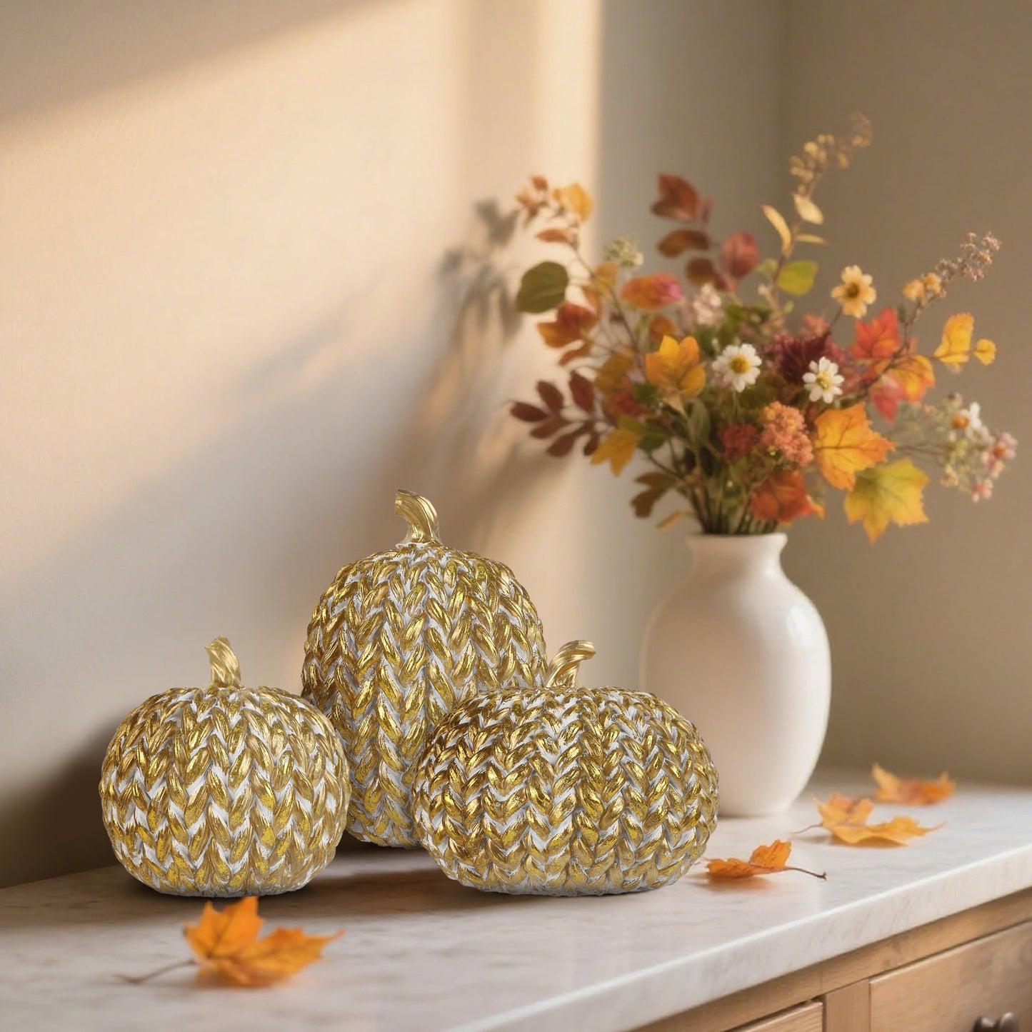 Set of 3 Gold White Resin Pumpkins Woven Design