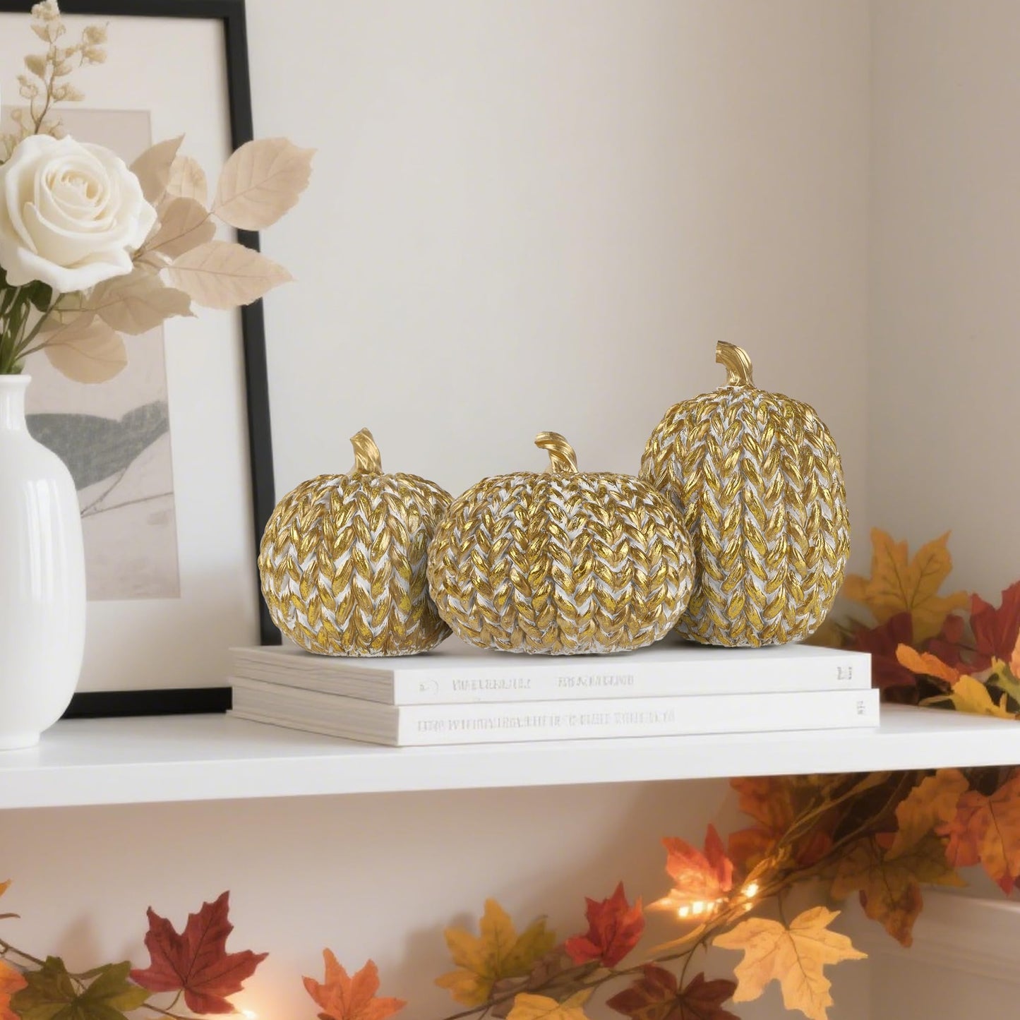 Set of 3 Gold White Resin Pumpkins Woven Design
