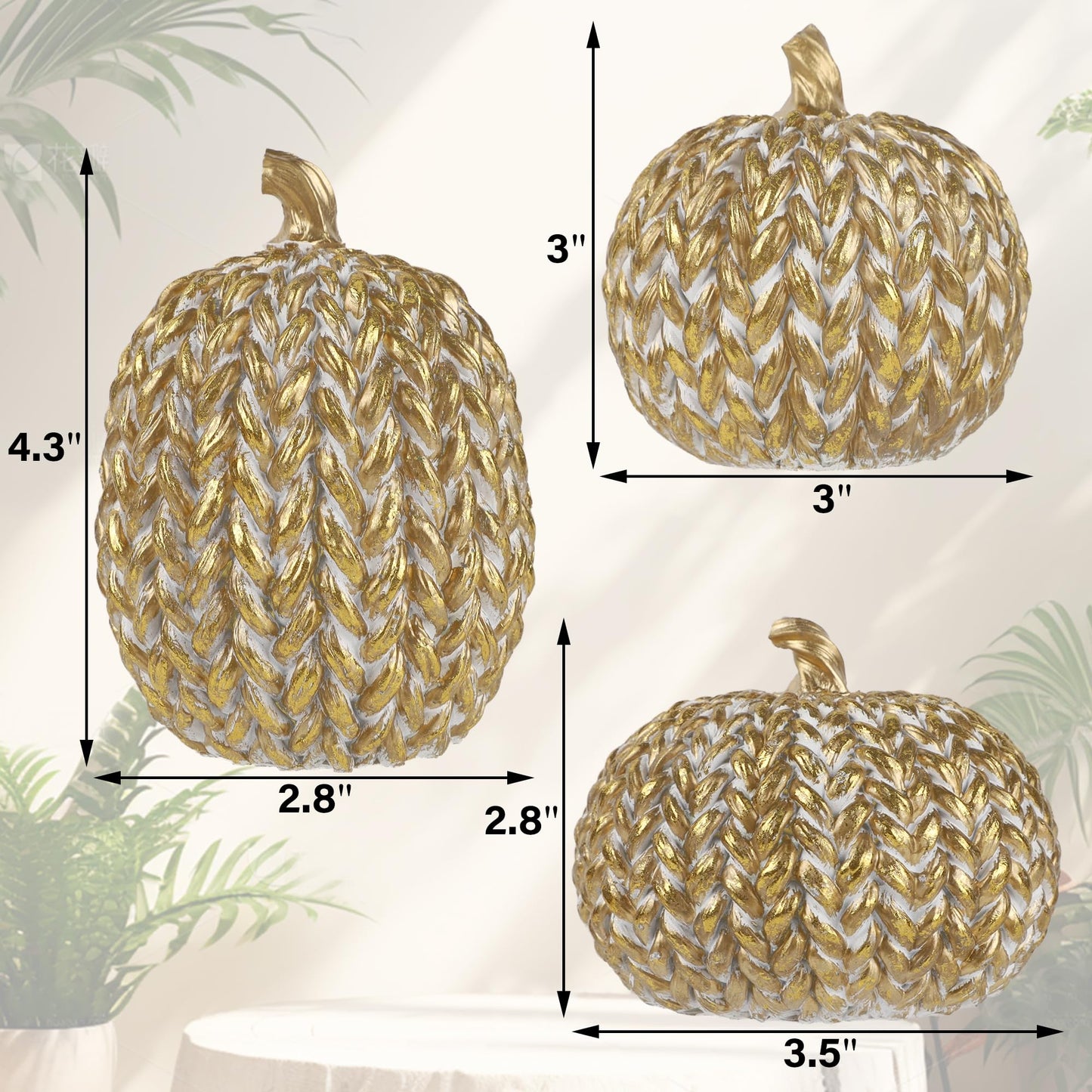 Set of 3 Gold White Resin Pumpkins Woven Design