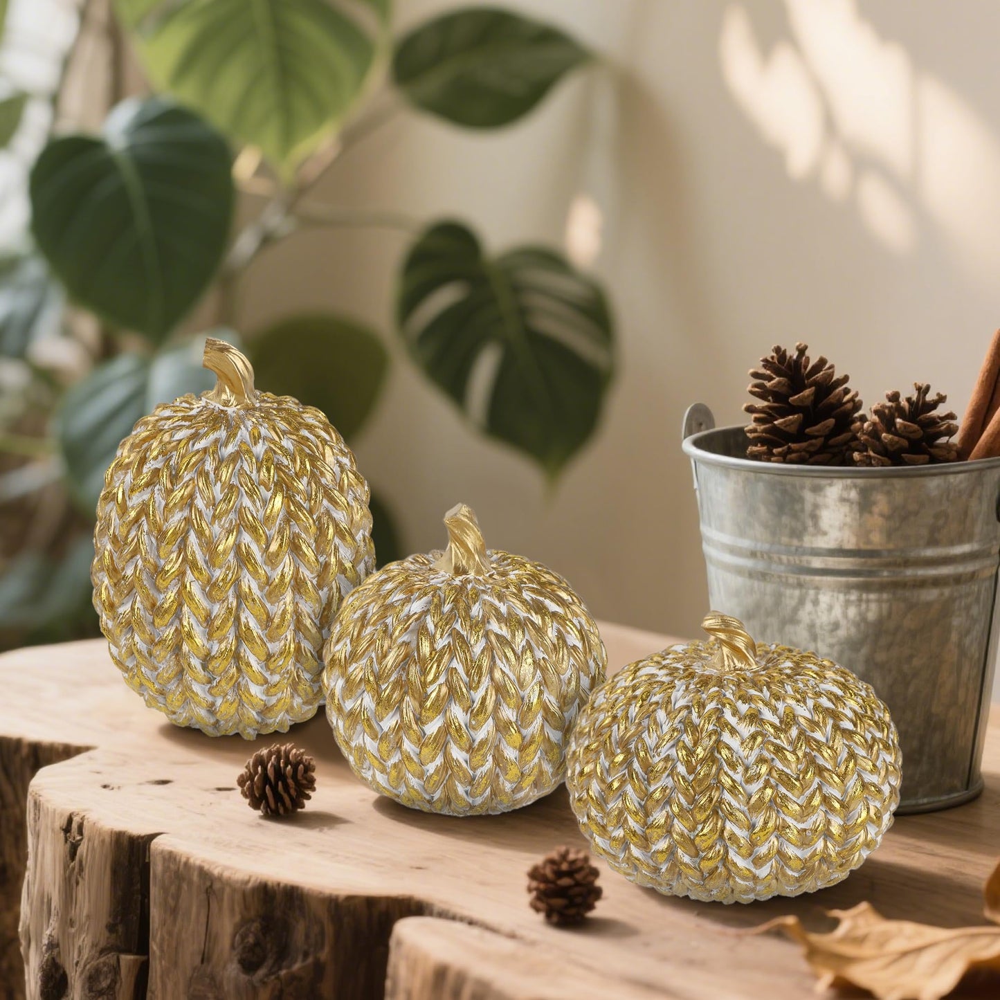 Set of 3 Gold White Resin Pumpkins Woven Design