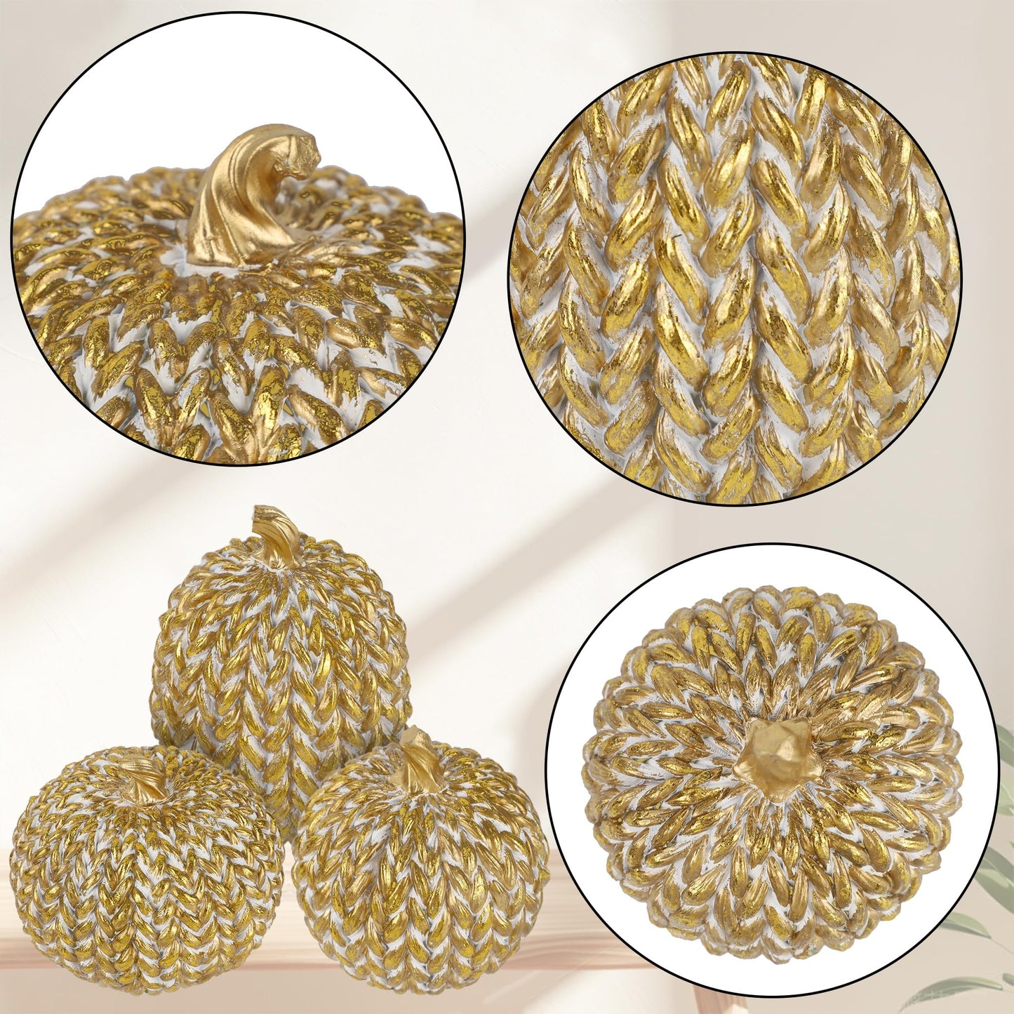 Set of 3 Gold White Resin Pumpkins Woven Design