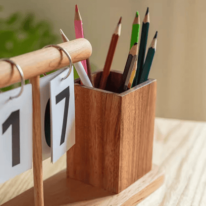 Wooden Desktop Calendar with Pen Holder