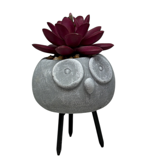 Faux Purple Succulent In Planter - Owl